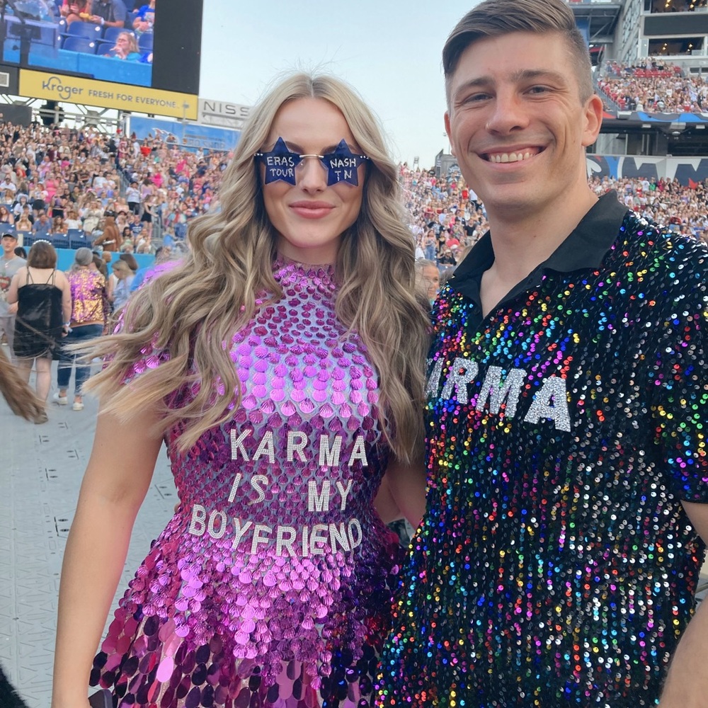 COPY - Eras tour couples outfit // sparkly pink dress + glitter karma shirt